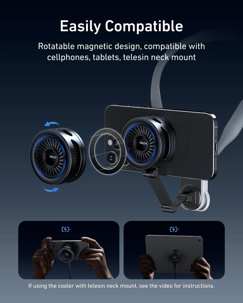 TELESIN Magnetic Enfriador de Teléfono Pro, Portátil Enfriador de Teléfono Celular de Compatible con iPhone/Android/iPad, Adecuado para TELESIN Magnético Cuello para Teléfono