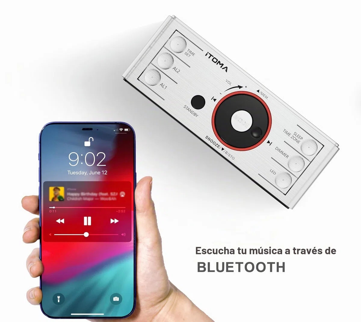 iTOMA Radio Despertador con Altavoz Bluetooth, Radio FM, Doble Alarma con Snooze, Gran Pantalla LED, Control de Atenuación, Salida de Larga USB y Luz Nocturna CKS708