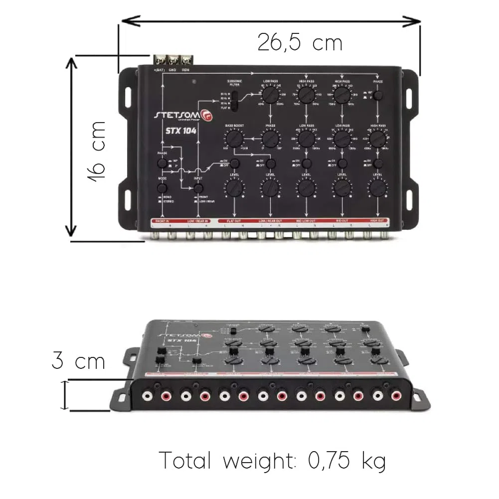 Kit Set para Stetson STX104 1 Crossover electrónico de 5 vías, Ecualizador, 4 entradas, 5 Salidas, con Refuerzo de Graves y Filtro subsónico, para Coche, 1 Pieza
