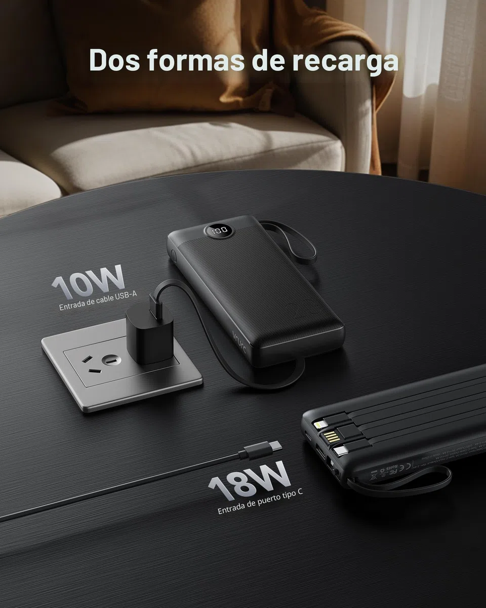 VRURC Power Bank, 22,5W Bateria Externa Carga Rapida 20000mah con 4 Cables Integrado, USB C In/out Powerbank, Cargador Portatil Fast Chagring Compatible con iPhone 17/16 Pro MAX/iPad/Xiaomi (1 Pack)