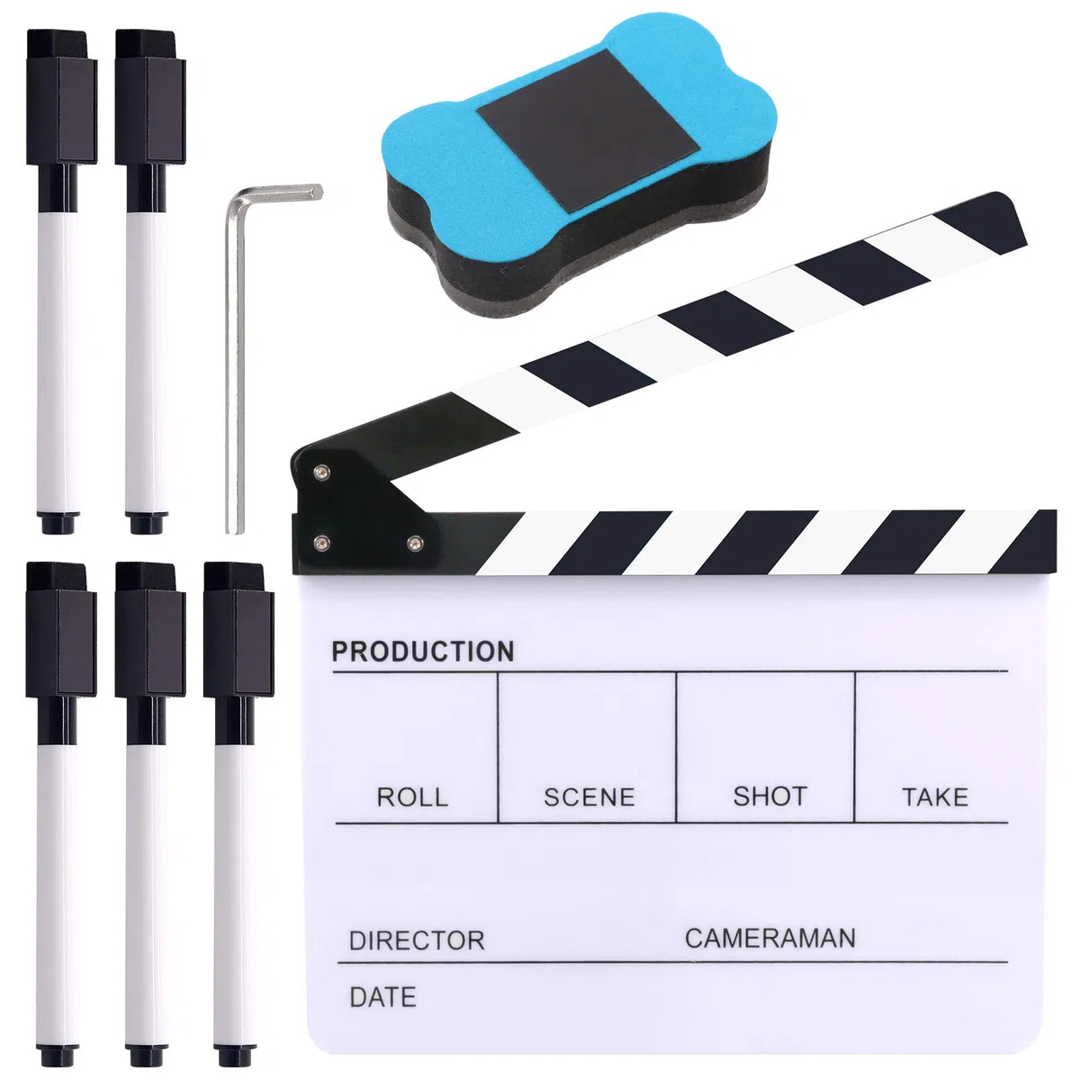 Glarks Juego de 8 tablillas para directores de película acrílica de 25,4 x 30,4 cm, tablero de clapper de Hollywood con borrador y llave hexagonal para producción de películas y fiestas temáticas