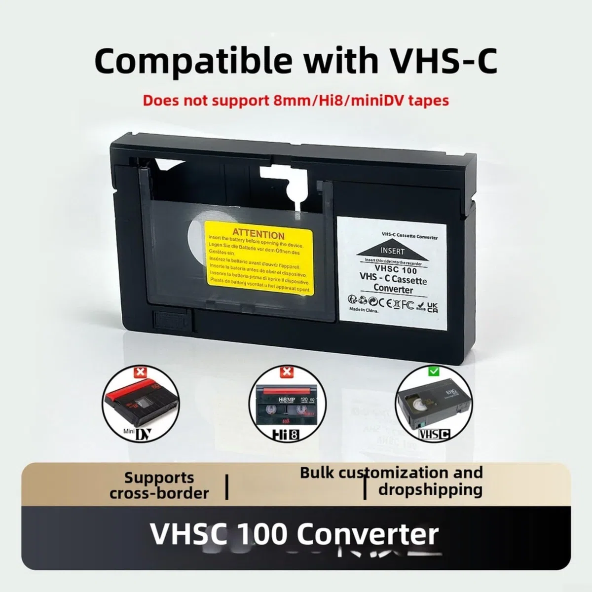 Para VHS-C a adaptador VHS, funciona con pilas, convertidor de casete para VHS-C a para grabadora de vídeo VHS, adaptador de conversión compacto para reproducir fácilmente viejas grabaciones de