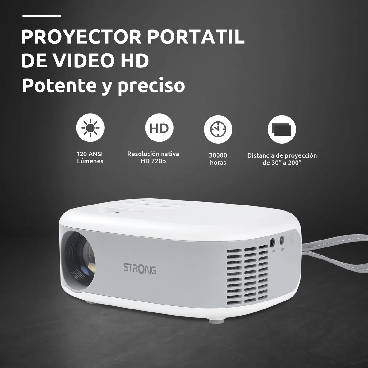 STRONG - Mini Proyector de Vídeo N1 - Resolución HD 720p Compatible con Full HD 1080p - 120 ANSI Lúmenes - Distancia de proyección 0,9 a 6,2 m - Conectividad HDMI/USB/AV + Salida de Audio - Blanco