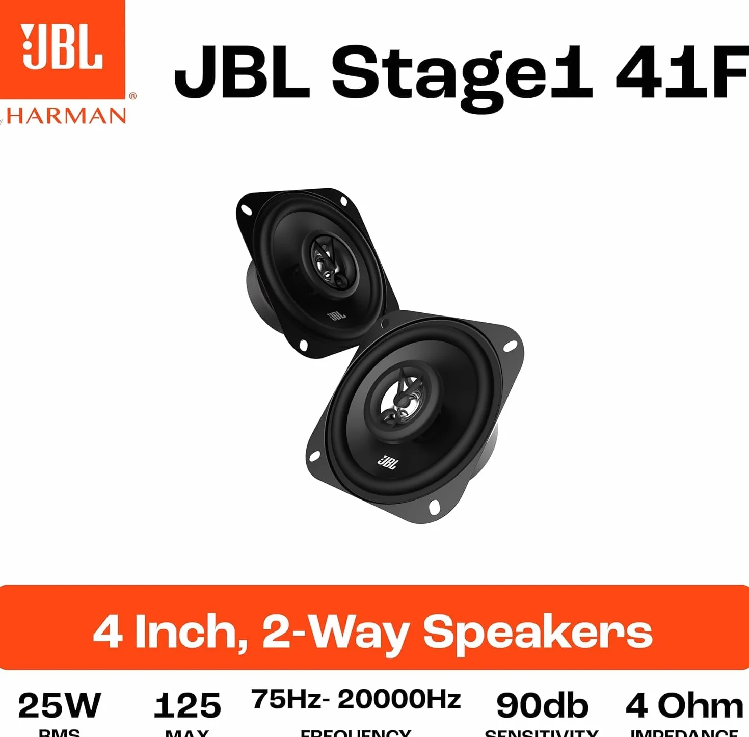 JBL Stage1 41F Juego de Altavoces Coche de 2 vías de Harman Kardon - Echo Auto de 125 Vatios 25 Vatios RMS - Caja JBL de Alta fidelidad para automóvil de 2 Piezas Grande 10cm | 100mm | 4 Pulgadas