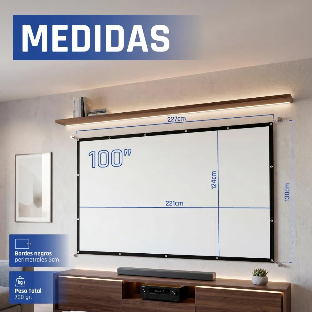 iggual - Pantalla de Proyección 100" Pulgadas- Tela Plegable- Antiarrugas- Formato Panorámico 16:9- Ángulo de visión 120º- Apta para Proyector y Retroproyector- 221 x 124 cm