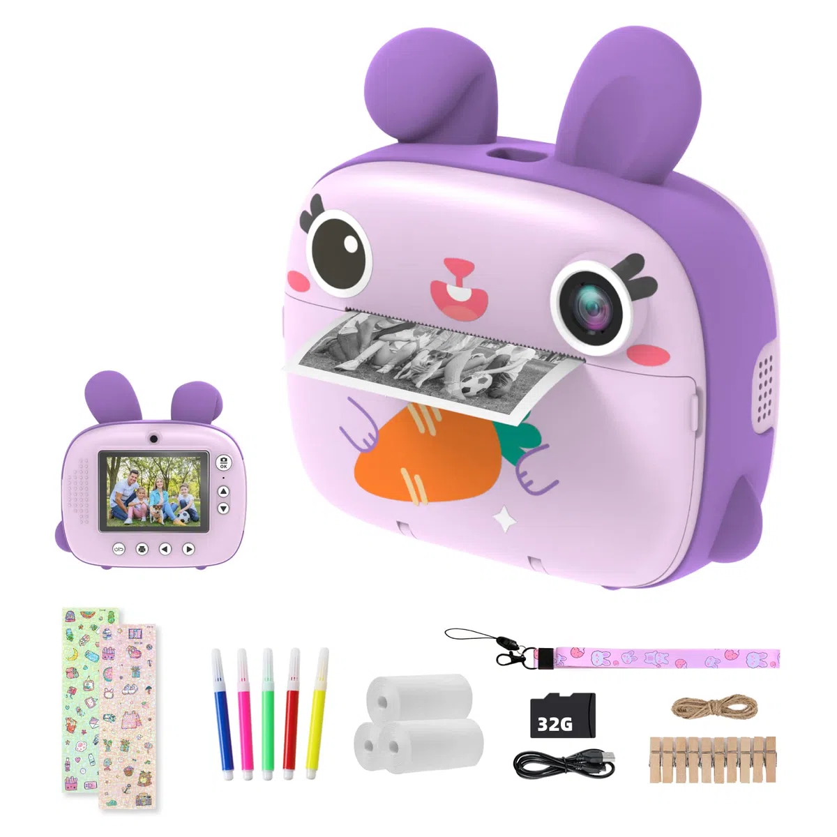 CAMCLID Camara Fotos Infantil Instantanea, 12MP/1080P Cámara Instantánea para Niños con Papel de Impresión Sin Tinta y Tarjeta 32G, Regalos para Niños y Niñas 3 a 12 Años (Violeta)