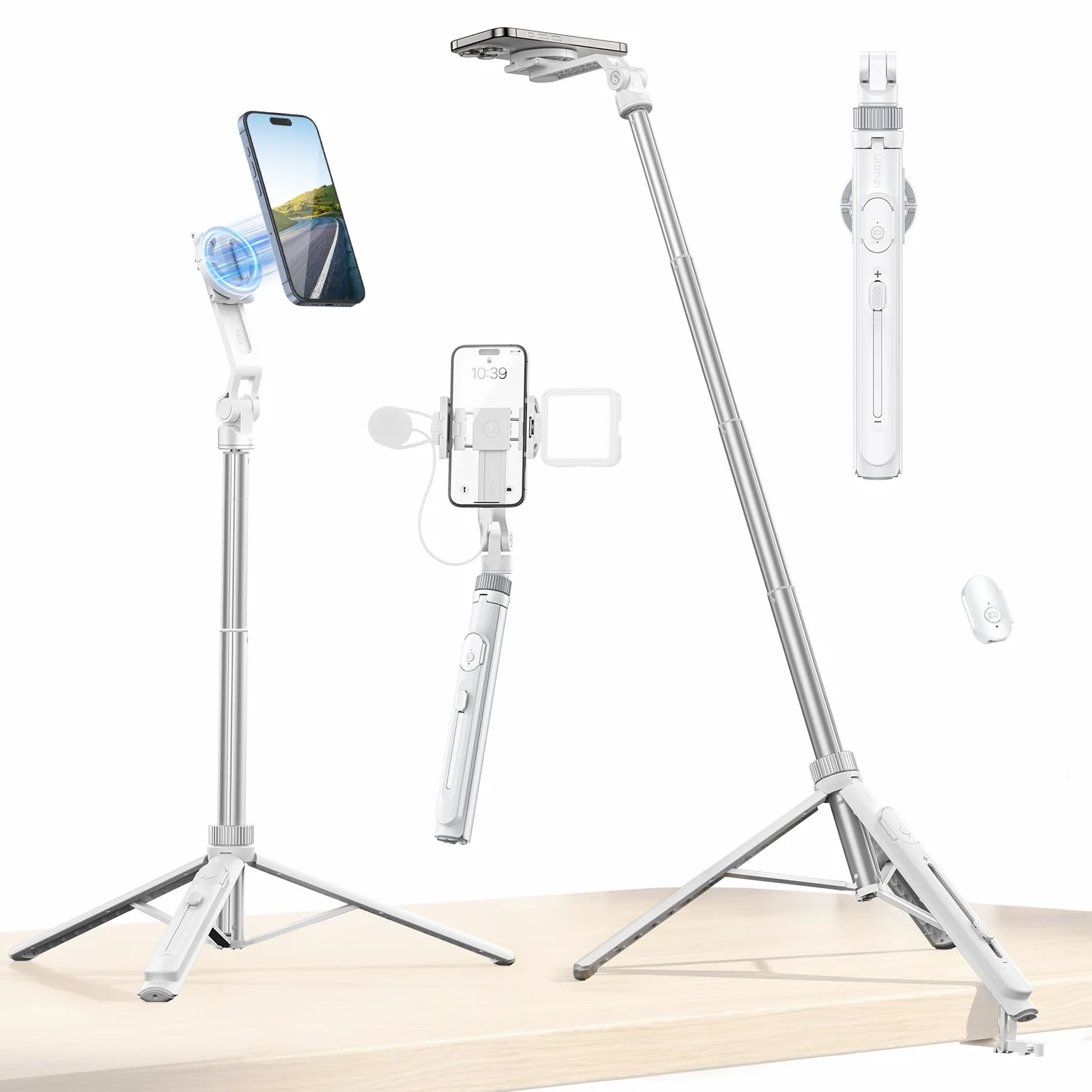 ULANZI TT88 145 cm Overhead Selfie Stick, Multifuncional magnético y de sujeción 2 en 1, Palo Selfie Trípode Blanco para Móvil y Cámara con Control Remoto