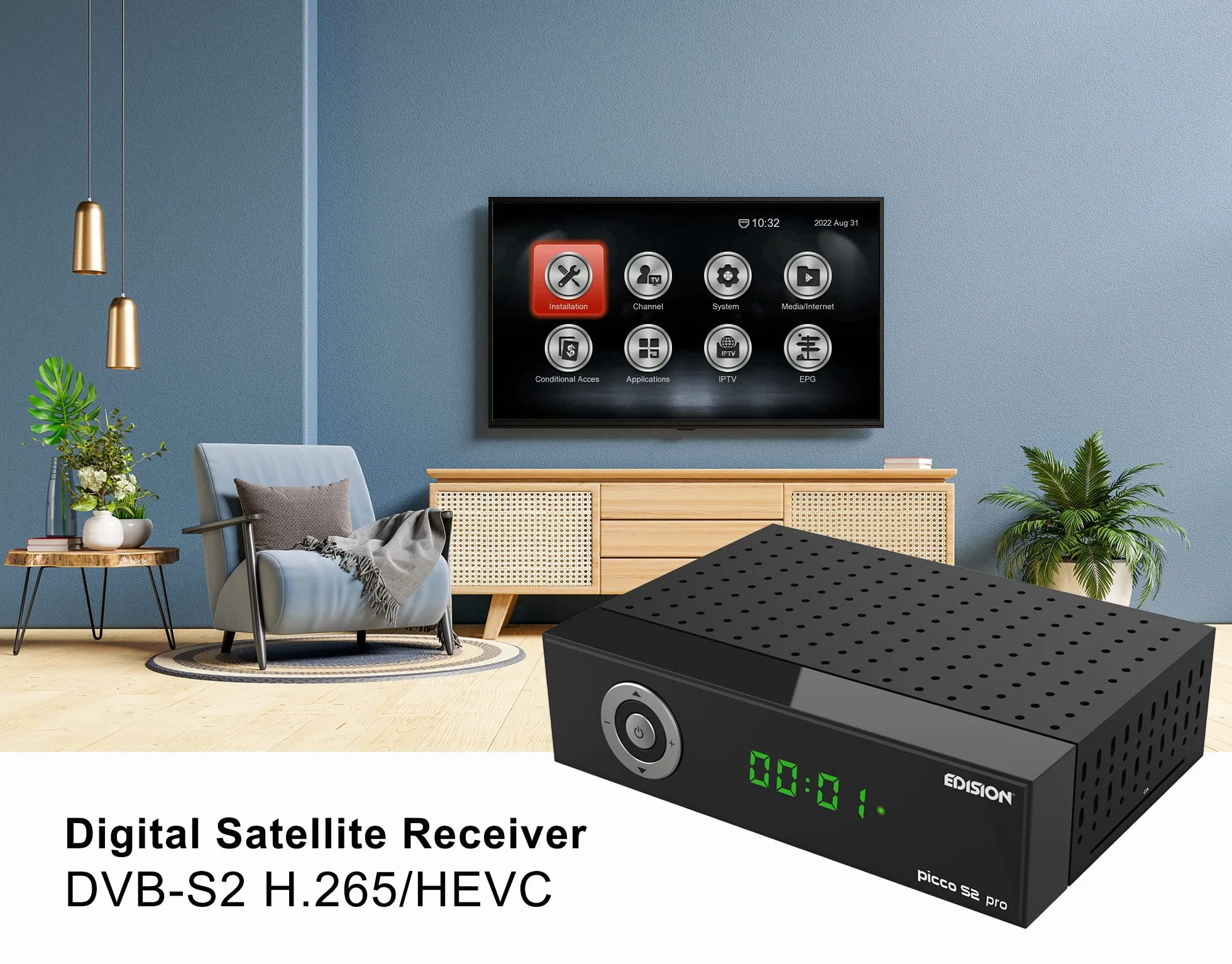 EDISION Picco S2 Pro Full HD Receptor de satélite Digital DVB-S2 H.265 HEVC, WiFi a Bordo, Multistream, HDMI, SCART, SPDIF, USB, IR, Lector de Tarjetas, Mando a Distancia Universal 2en1