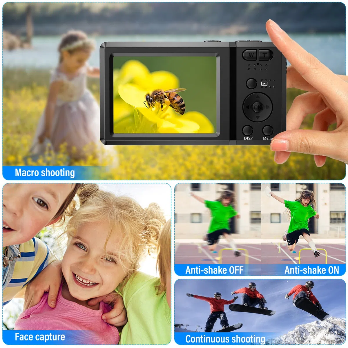 Cámara Digital Compacta 56MP 2160P HD Cámara de Fotos 20X Digital Zoom 2,7" LCD Cámara Portátil Compacta con Tarjeta 32GB, Recargable Cámara para Niños, Principiantes, Adulto