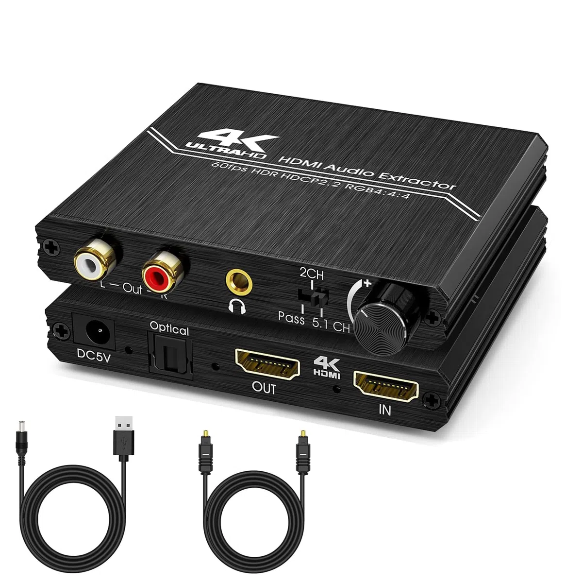 Divisor de audio HDMI 2.0 4K HDMI a óptico SPDIF Toslink 3,5 mm AUX estéreo RCA L/R convertidor de audio con control de volumen, compatible con 4K @ 60 Hz HDCP 2.2 HDR 3D YUV 4:4:4