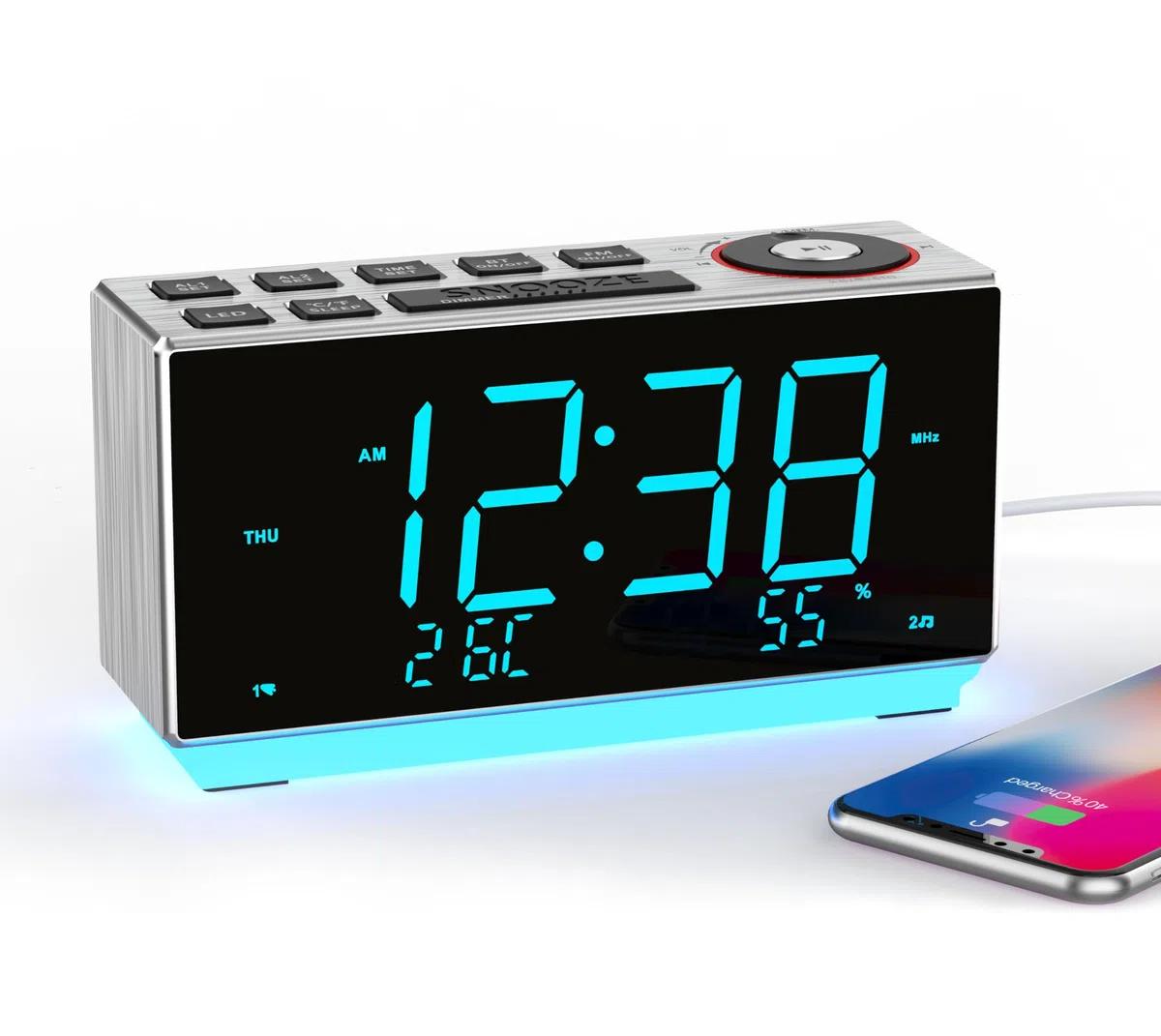 iTOMA Despertador con FM Radio, Carga USB Pantalla LED Azul Hielo de 1,8 Pulgadas, luz Nocturna, Doble Alarma, Siesta, Control de Atenuación, Reloj Electrónico de Oficina Junto a la Cama CKS508