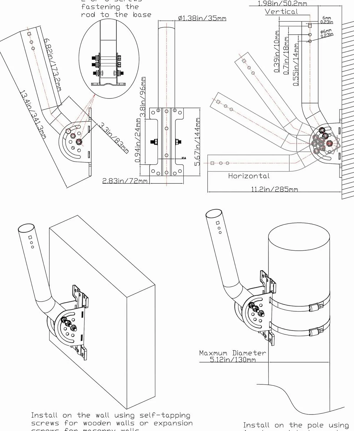 Soporte de Antena J-Pole 33 cm Acero 430, Base Pivotante 160 Grados, Bloqueo de 3 Tornillos, OD 3,5 cm, para Pared, Techo, Alero, Puente WiFi, AP, CPE y Estación Meteorológica