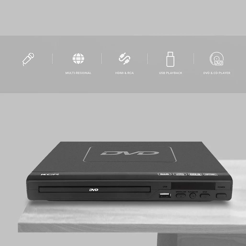 Reproductor de DVD KCR para TV, Reproductor de DVD multiregión 1/2/3/4/5/6, Puerto USB, Mando a Distancia, Salida AV y Puertos HDMI.