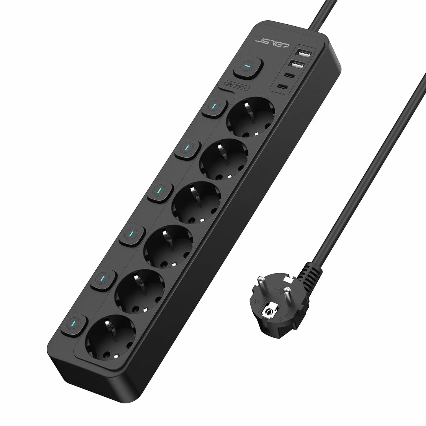 JSVER Regleta con Conmutación Individual, Enchufe Múltiple de 6 Tomas con 2 USB C&2 A, Regleta USB C(3680 W 16 A) para Oficina, Hogar o Viajes, Cable de 2 m
