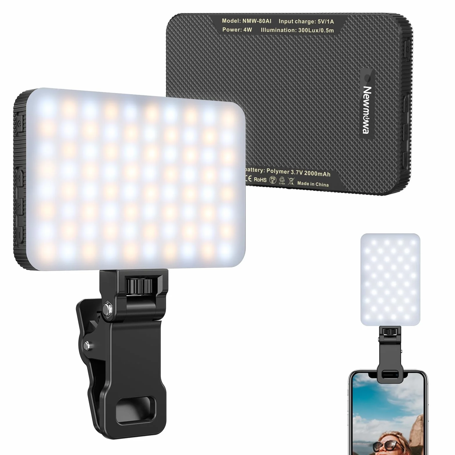 Newmowa Selfie Light, Clip Recargable en la luz del teléfono con Sensor de luz Inteligente para teléfono/portátil/Tableta/cámara, 3 Modos para TikTok/Maquillaje/Selfie/videoconferencia