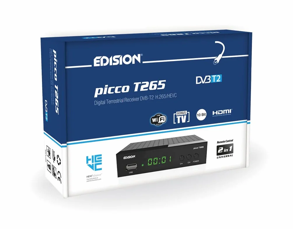 EDISION PICCO T265, 2024 Nuevo Español TDT Decodificador TV DVB-T2, Full HD, H265 HEVC, PVR, USB, HDMI, SCART, Control Remoto IR 2 en 1, Receptor DVB-T2 Alta Definición, Soporte WiFi USB