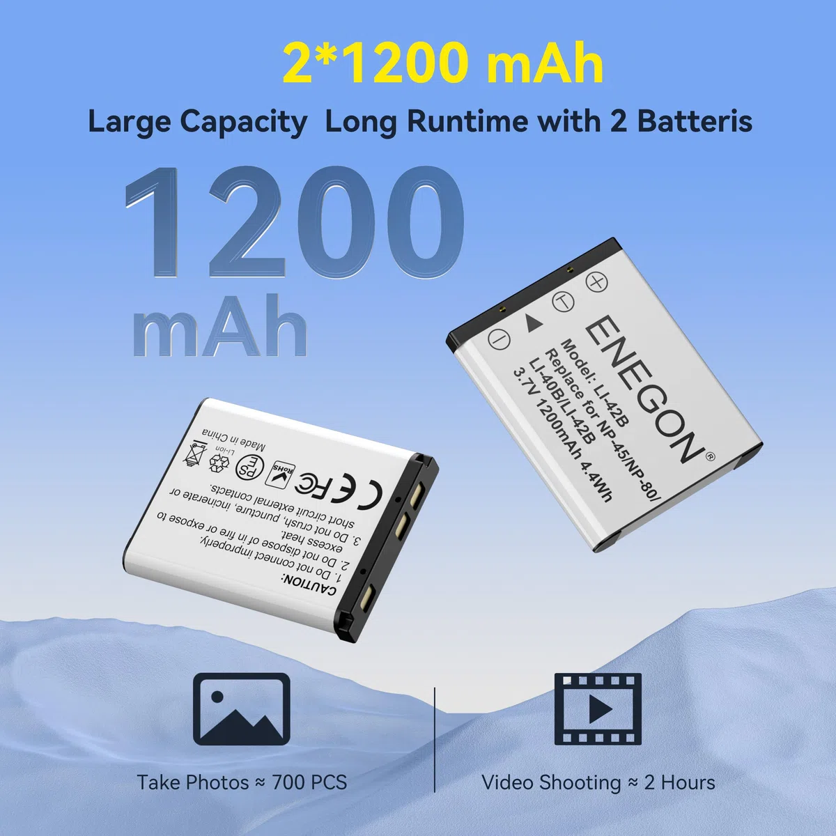 ENEGON NP-45 NP-45A NP-45B NP-45S Batería (2x1200mAh) y Kit de Carga de Compatible con Olympus Li-40B Li-42B Nikon EN-EL10 Fujifilm INSTAX Mini 90 Fuji FinePix XP20 XP80 XP120 T350 T500 T510 J15 J100