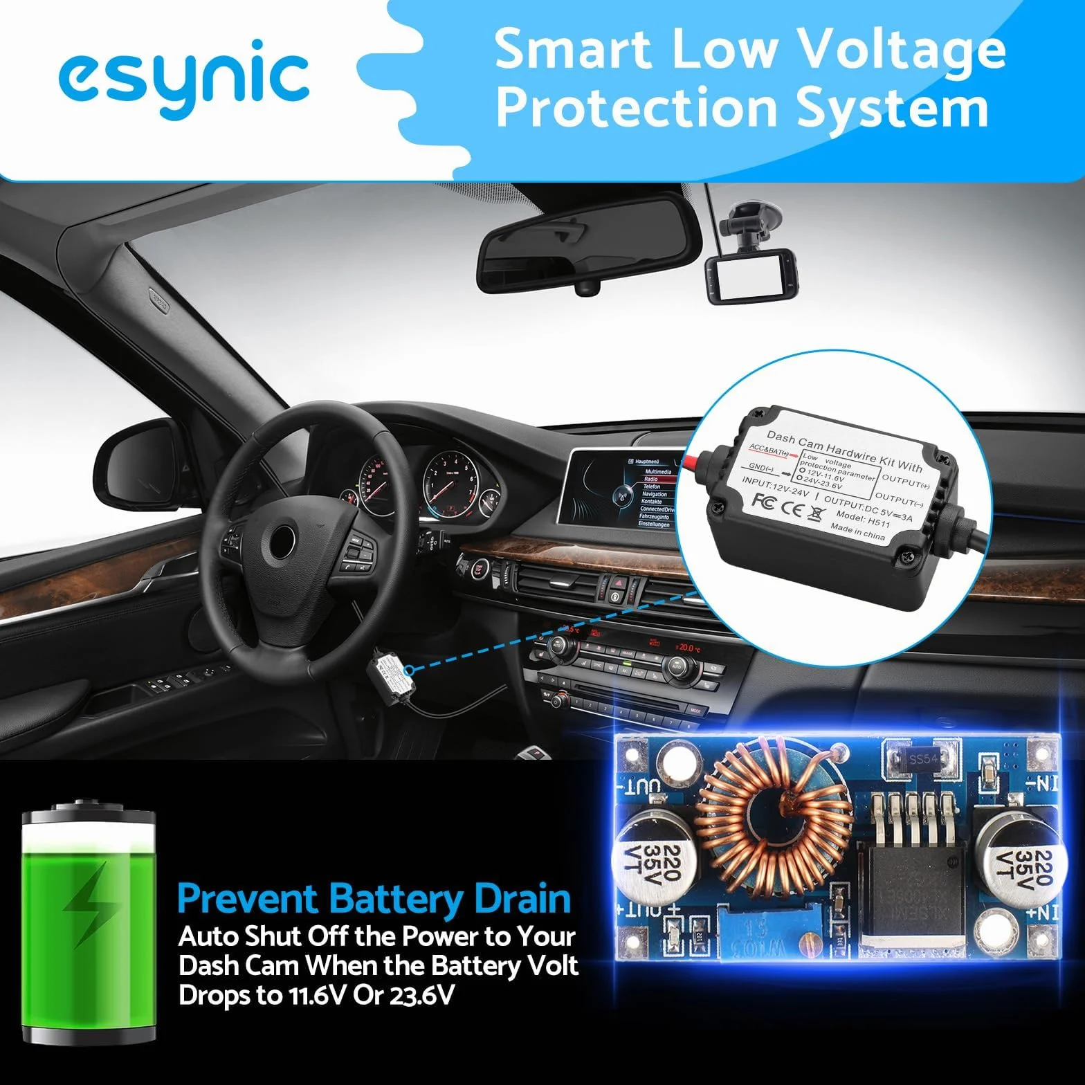 eSynic Dash CAM Hardwire Kit Tipo C Kit de Cableado Duro USB Dashcam 12V-24V a 5V para Cámara de Tablero con Adaptador Mini y Micro USB y 4 Tipos de Fusibles Mini/LP, ACS, ATO, Micro2, etc.