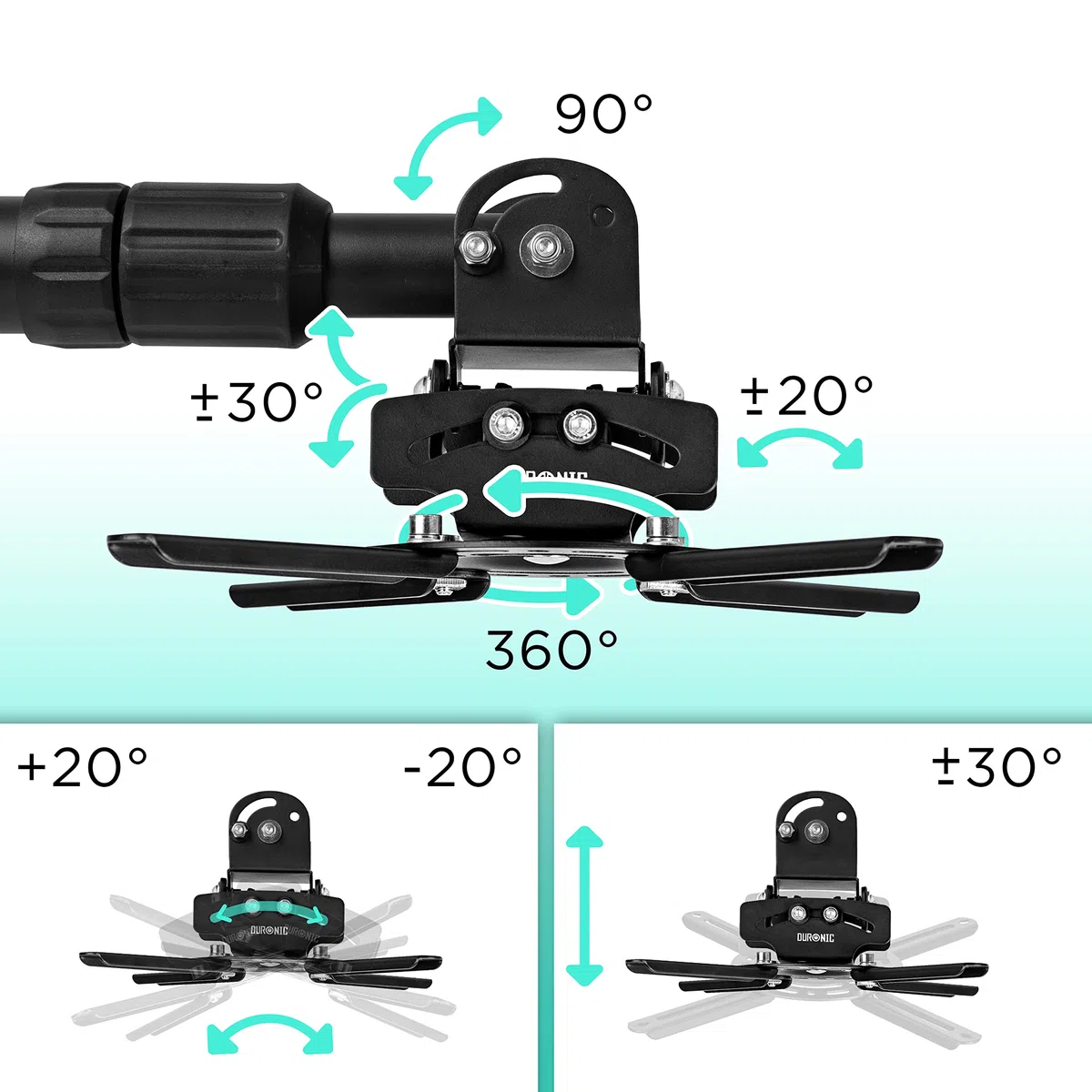 Duronic PB04XL Soporte para Proyector de Techo y Pared, Extensible 22-83cm, Universal, Giratorio 360º, Totalmente Articulable, Carga Máx 13.6kg, Cine en Casa, Videojuegos, Presentaciones, Color Negro