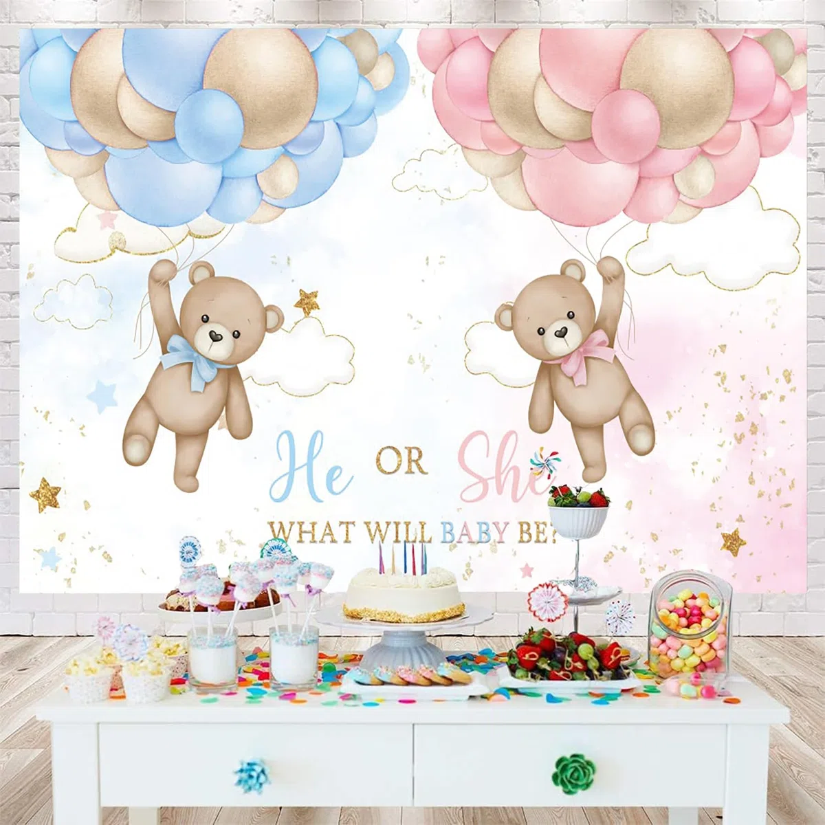 2.4x1.8m Telón de fondo revelación sexo Oso Globos Azul o Rosa He or She What Will Baby Be Fondo Fotográfico Fiesta de Revelación de Sexo Decoración de Mesa para Tarta Pancartas Atrezzo para Fotomatón