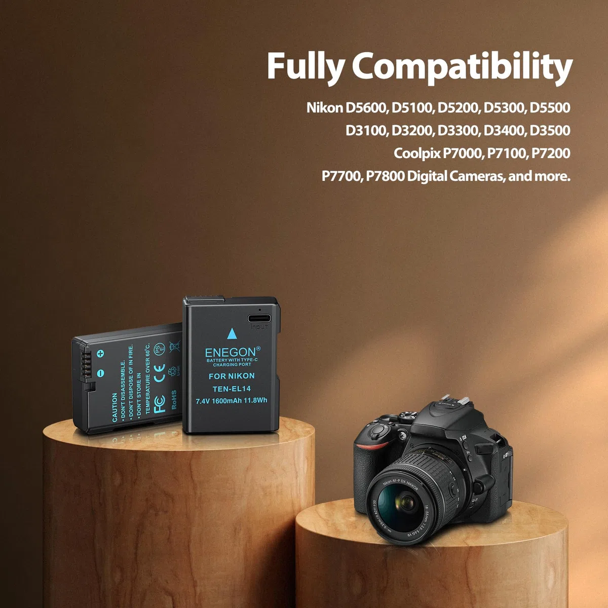 ENEGON EN-EL14 USB-C - Batería de Repuesto (1600 mAh, 2 Unidades) para Nikon EN-EL14/EN-EL14a, Compatible con Nikon D5300, D5600, D5100, D5200, D3100, D3200, D3300, D3400, D3500