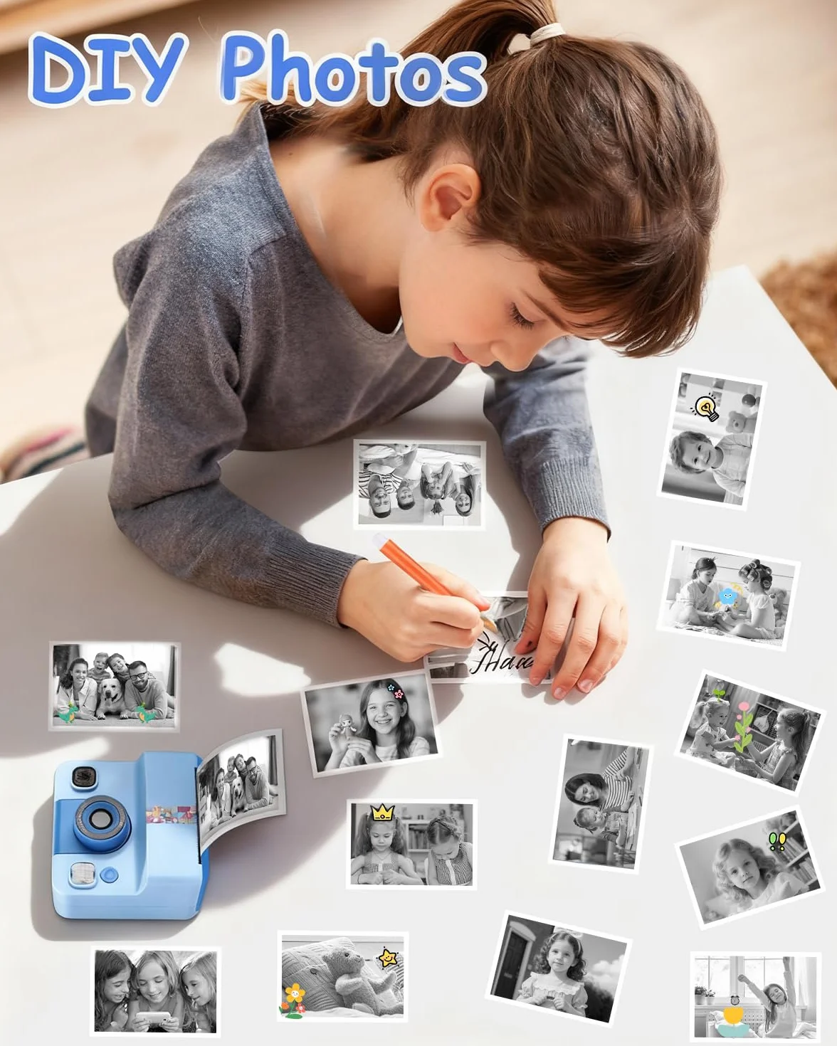 Cámara instantánea para niños, 1080P HD, cámara instantánea con impresión instantánea, tarjeta SD de 32 GB y 5 rollos de papel fotográfico, regalo para niñas y niños a partir de 3 – 12 años