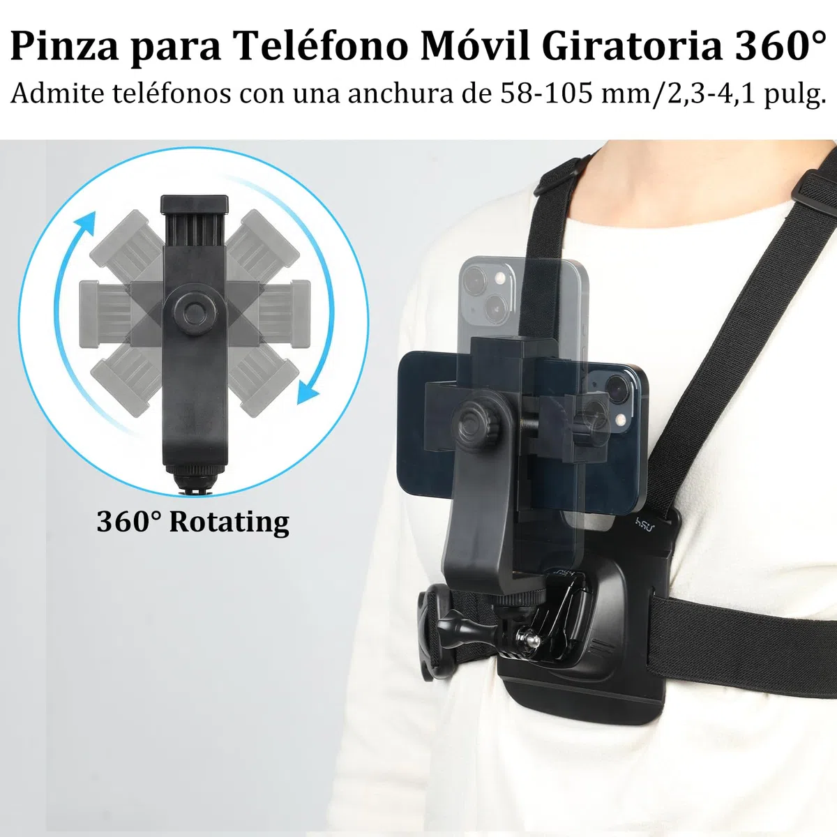 HSU Soporte para teléfono móvil con correa para el pecho, con cierre rápido J-Hook Clip para cámara de acción y soporte para teléfono móvil, set de accesorios para grabación de vídeo POV/VLOG