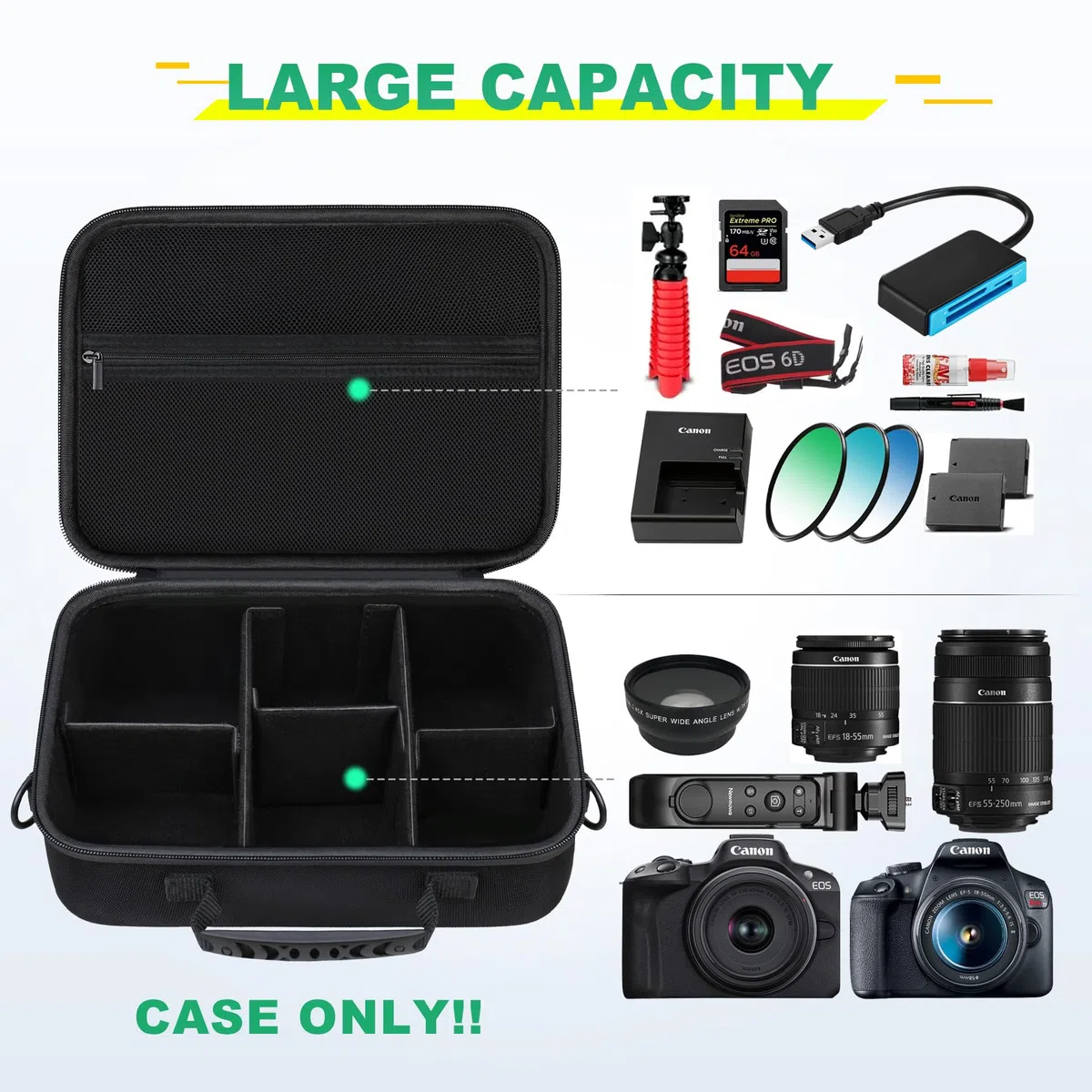 BOVKE Tansporte Bolsa para Canon EOS 2000D/4000D/250D/R6 Mark II/R8 /R10/ R100 Cámaras, Almacenamiento Estuche para Canon, Sony SLR DSL Cámaras, Lente, Trípode y Accesorios, Negro