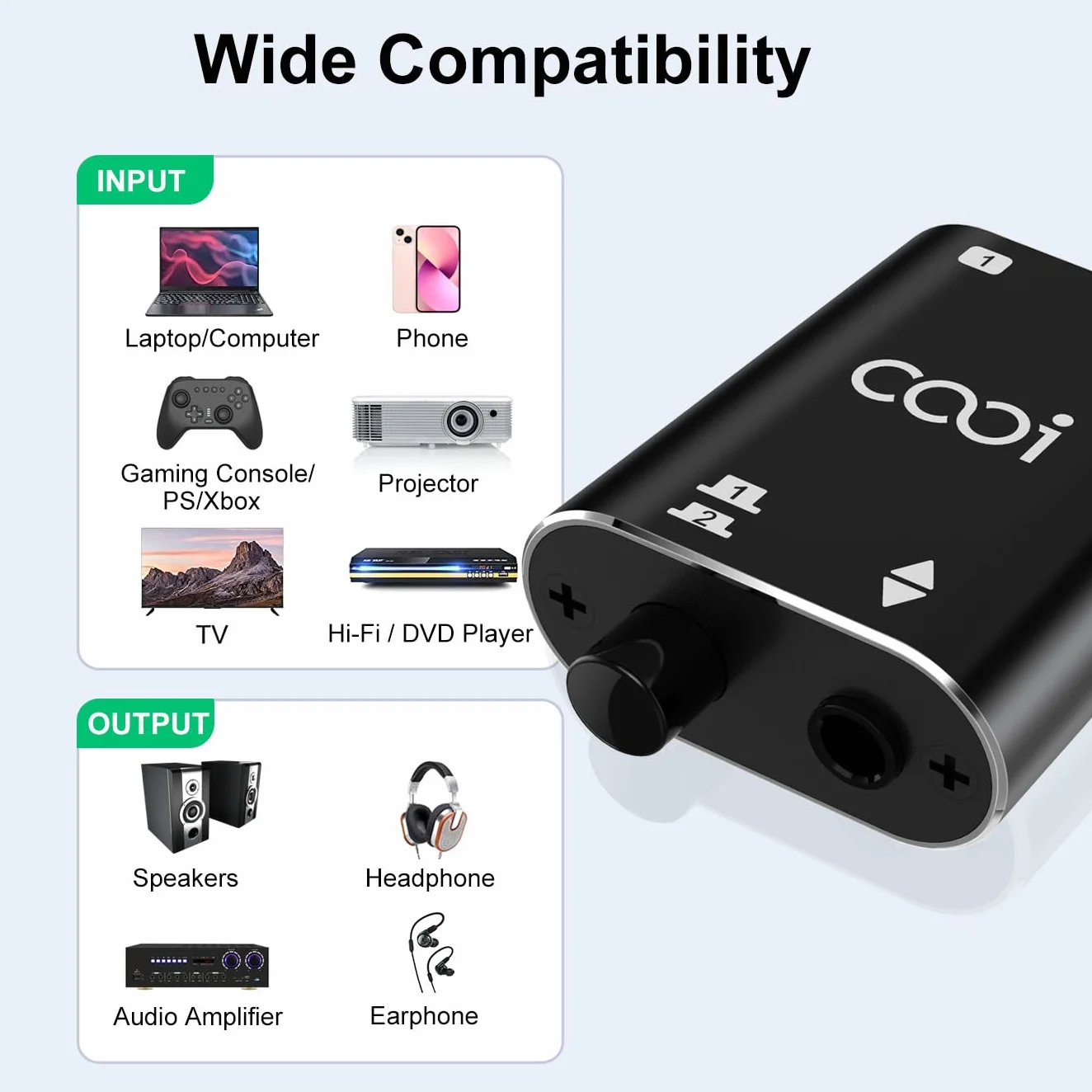 COOIDEA Conmutador de Audio Estéreo de 3.5mm 2 (1)-En-1(2)-out con Cable de Audio de 3,5 mm, Selector de Altavoz de Audio AUX de 2 Puertos para PC Teléfono Portátil Auriculares - Tamaño Mini