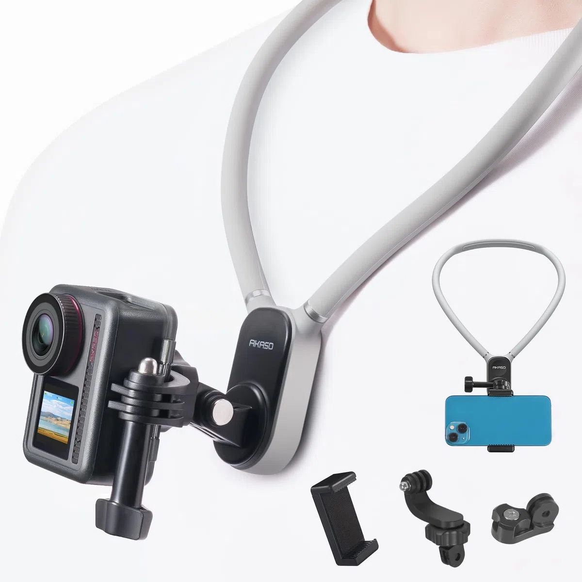AKASO Soporte magnético para Cuello para Cámara de Acción Accesorios POV Vlog compatibles GoPro Hero12/11/10/9/Max/DJI Osmo Action/Smartphone con Adaptador Vertical de Clip de teléfono