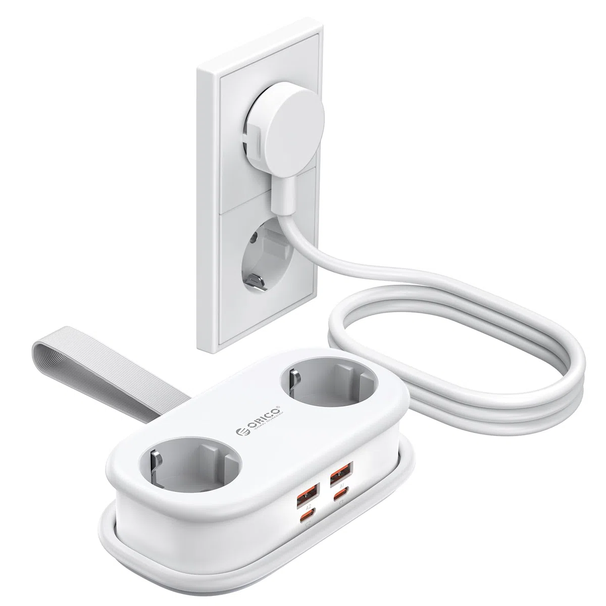ORICO 65W GAN Enchufe Múltiple de Viaje con USB-C, 6-en-1 Regleta de Carga Rápida con 4 USB, Regleta con Cable de 1.6m Retráctil para MacBook, iPad, Móvil, Viajes - AP3 Blanco