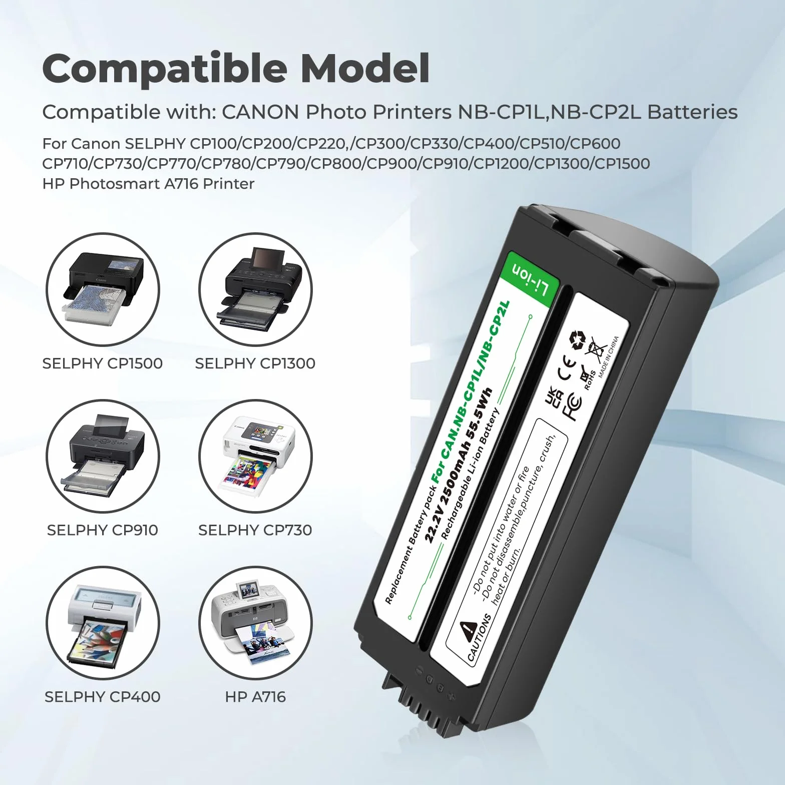 NB-CP2L NB CP2L - Batería y cargador para impresora fotográfica Canon NB-CP1L SELPHY CP800 CP900 CP910 CP1500 CP2000 CP3000 (2500 mAh)
