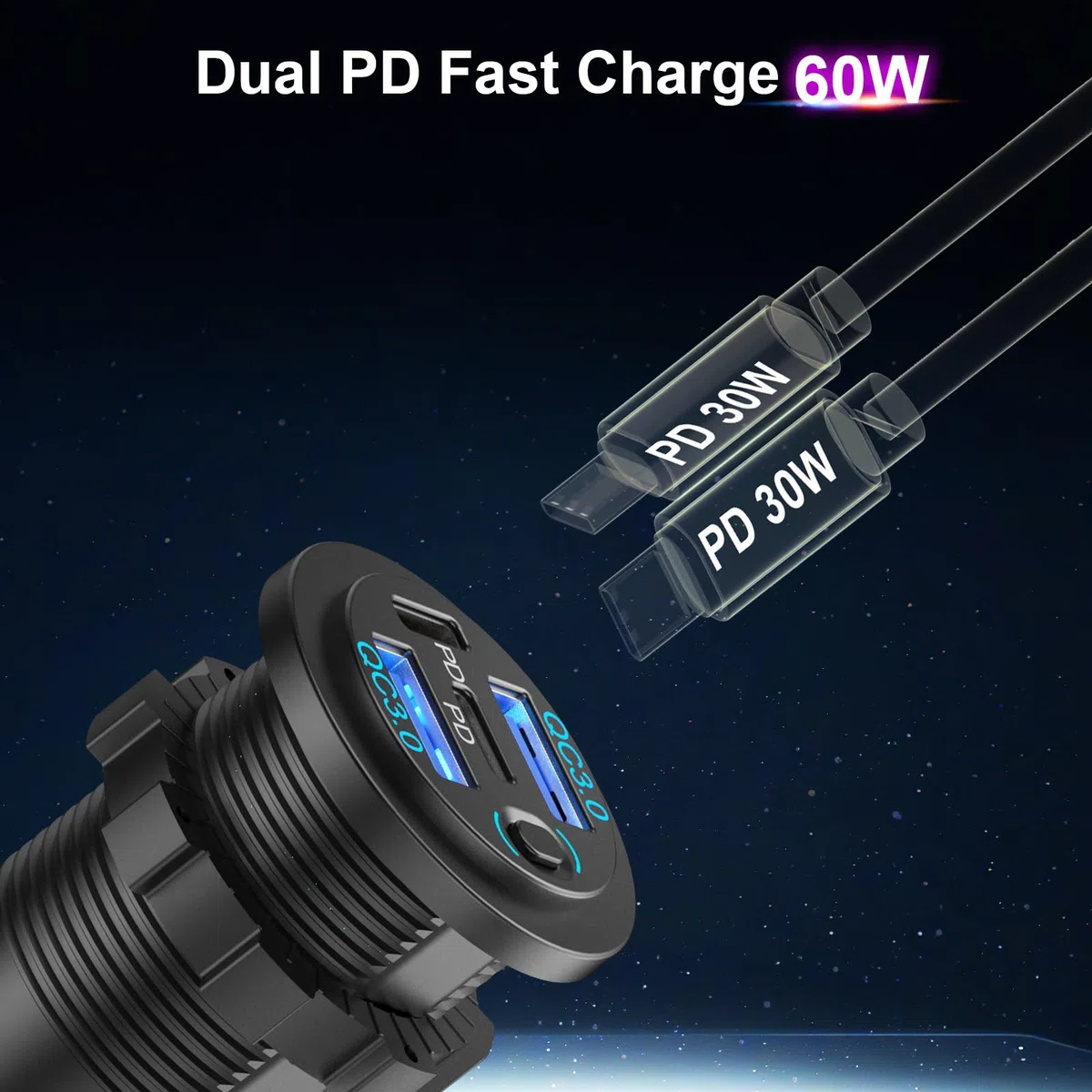 2 Paquete 78W Toma USB 12V Cargador de Coche, Super Rápido Doble PD3.0 & QC3.0 Múltiples Puertos USB para Coche, USB C Encendedor de Repuesto Enchufe de 12 Voltios Impermeable para Marina Barco Moto