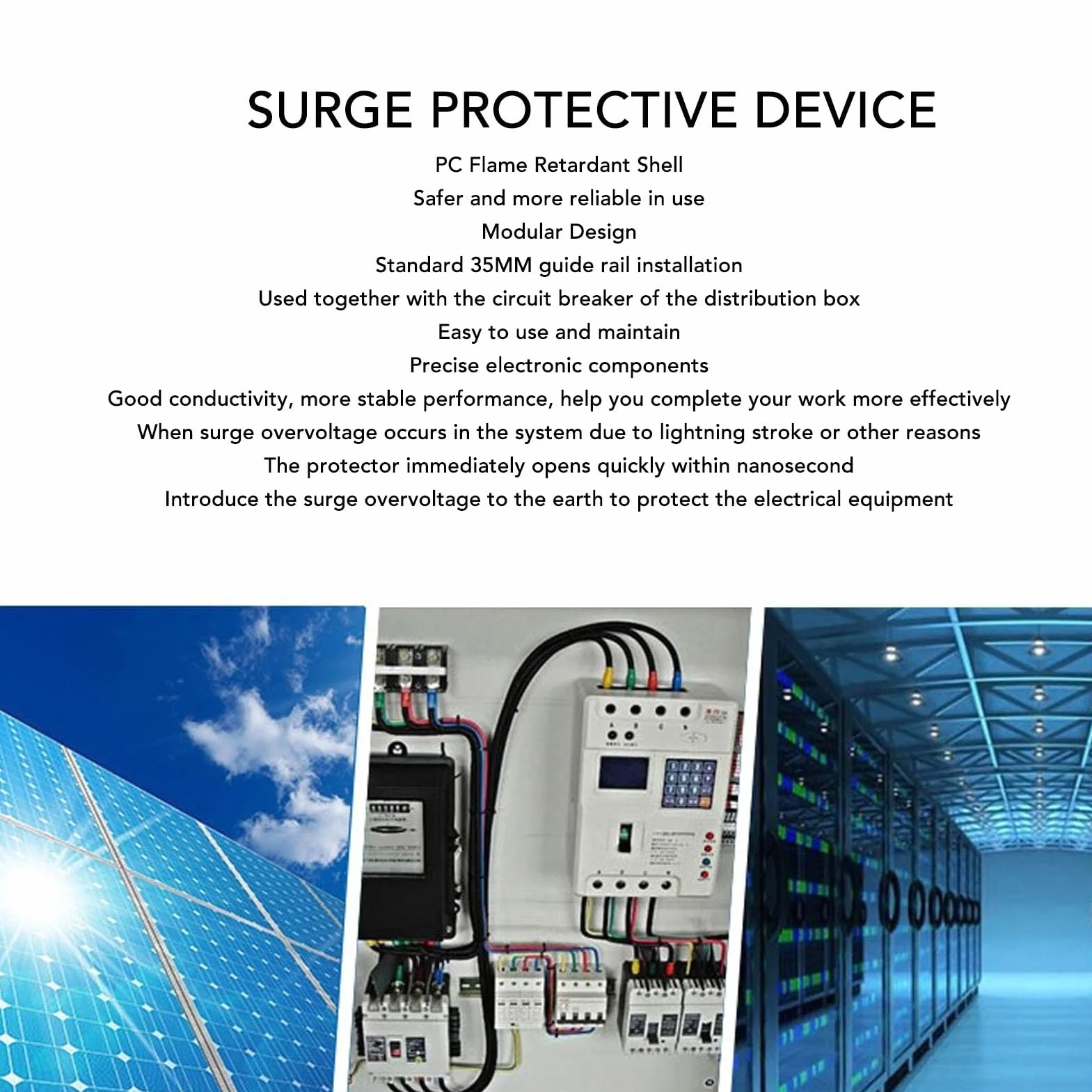 Dispositivo de protección contra sobretensiones permanentes y transitorias CC 2P Disyuntor fotovoltaico 500V PC ignífugo Control de sobrecorriente, fácil instalación con riel estándar