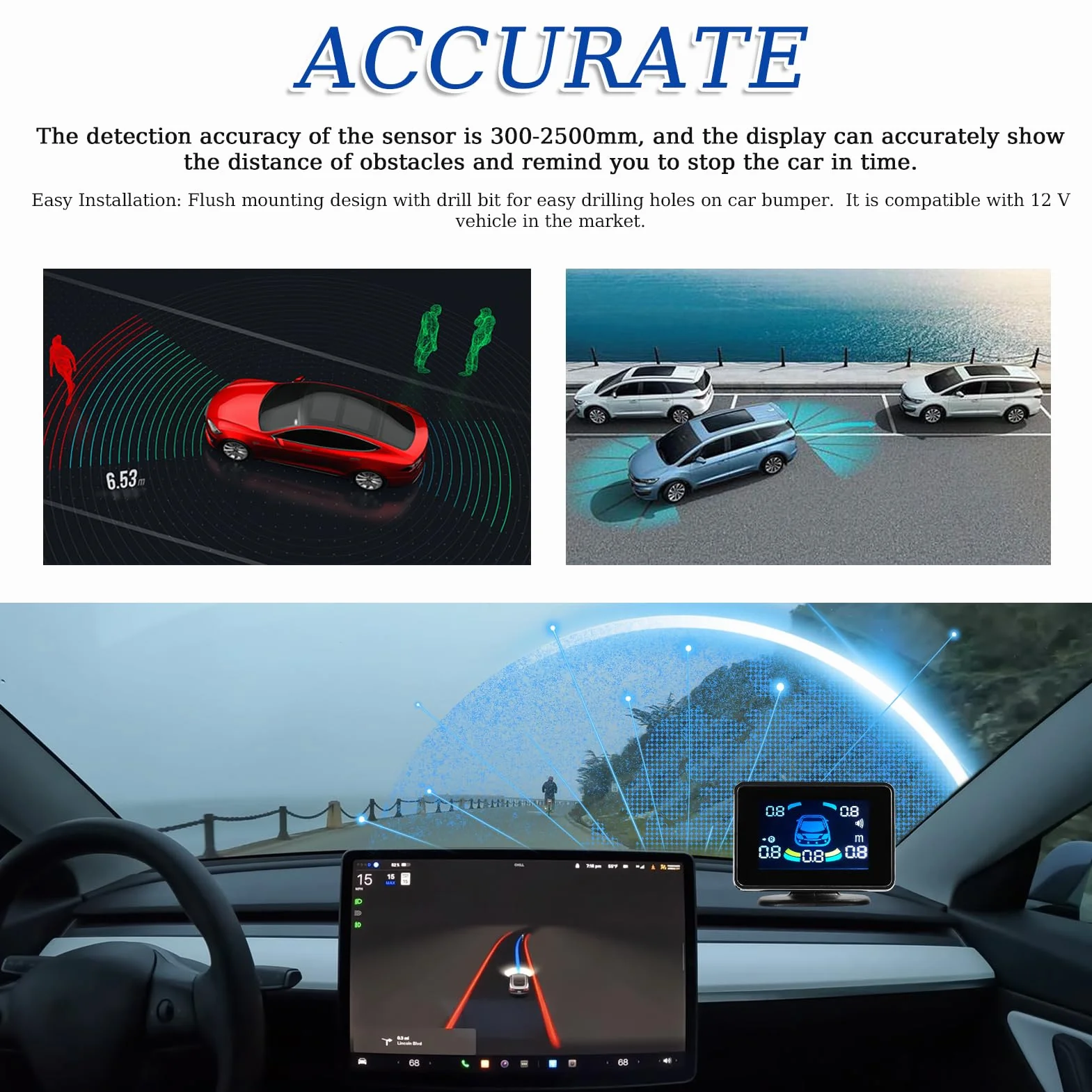 Shkalacar Sensores Aparcamiento Coche, Detector Radares para Coche, Parking Sensor con 8 Sensores, Pantalla LCD, Soporte Delantero y Trasero, Advertencia de Sonido/Zumbador/Silencio