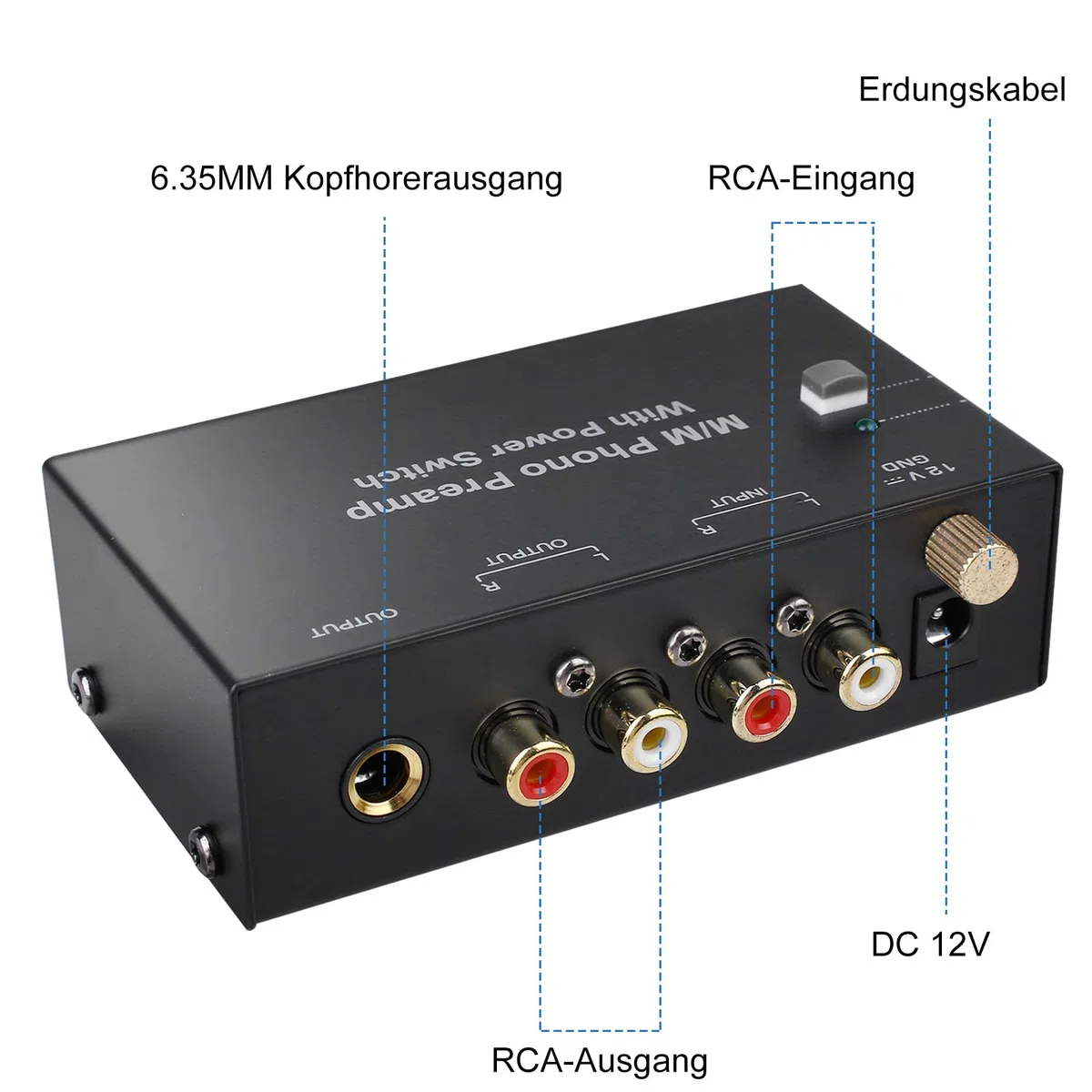 Preamplificador Phono para Tocadiscos MM – Previo Phono con Entrada y Salida RCA, Amplificador Estéreo con Control de Nivel, Interruptor Frontal, Negro