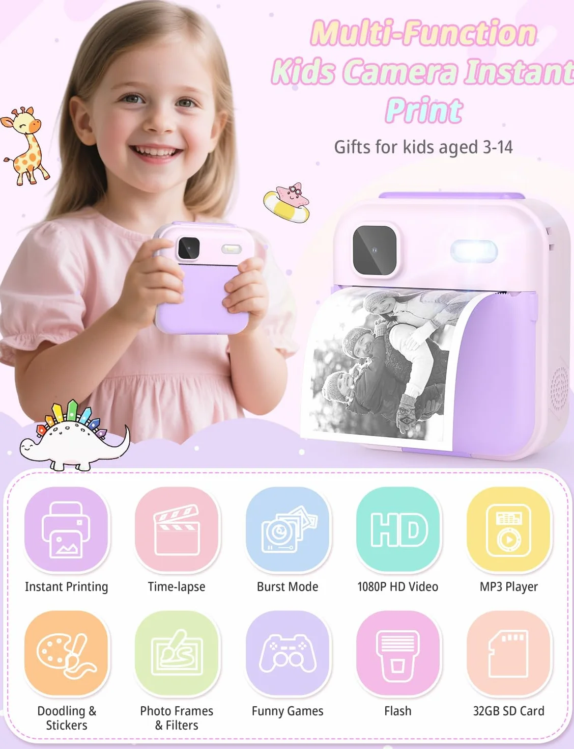 YOHOOLYO Camara Fotos Infantil Instantanea HD 1080P Cámara Instantánea con Tarjeta de 32G y 3 Rollos de Papel de Impresión Camara Fotos Infantil Regalos para Niños de 3 a 14 Años-Púrpura