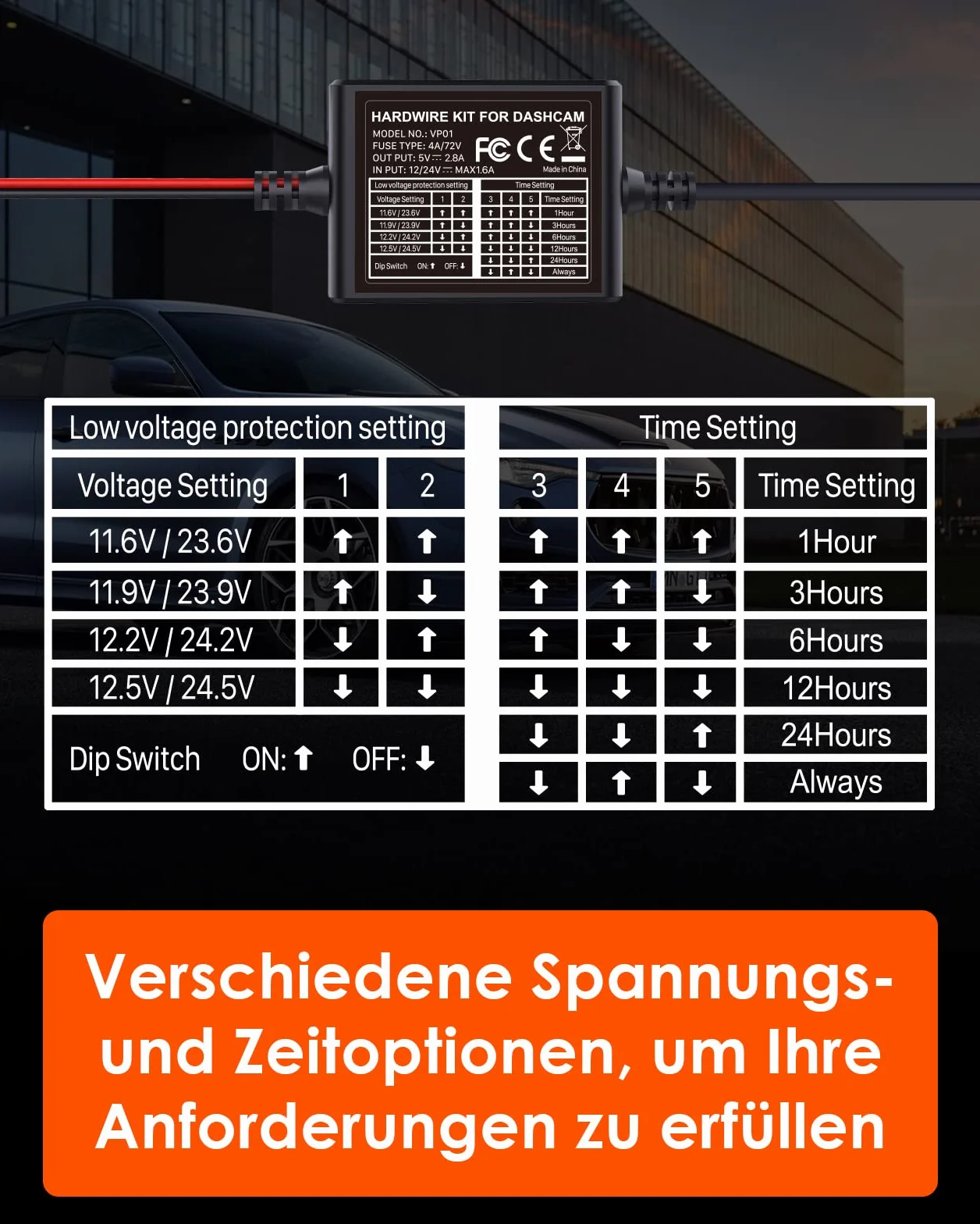VANTRUE Kit de cableado USB-C de 5 Niveles y 11,5 pies con Acceso para Todas Las cámaras CDashcam USB, 6 configuraciones de Tiempo de grabación, 12 V-24 V a 5 V, 24 Horas. Modo de estacionamiento