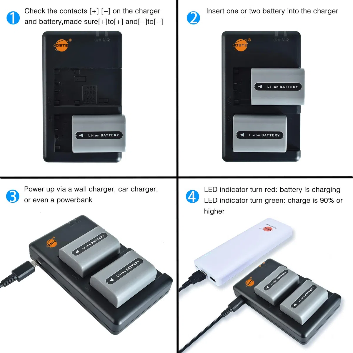 DSTE NP-FP50 - Batería recargable de repuesto y cargador dual compatible con cámaras Sony NP-FP30, DCR-30, DVD103, DVD105, DVD202E, DVD203, DVD205, DVD304E, DVD305, etc