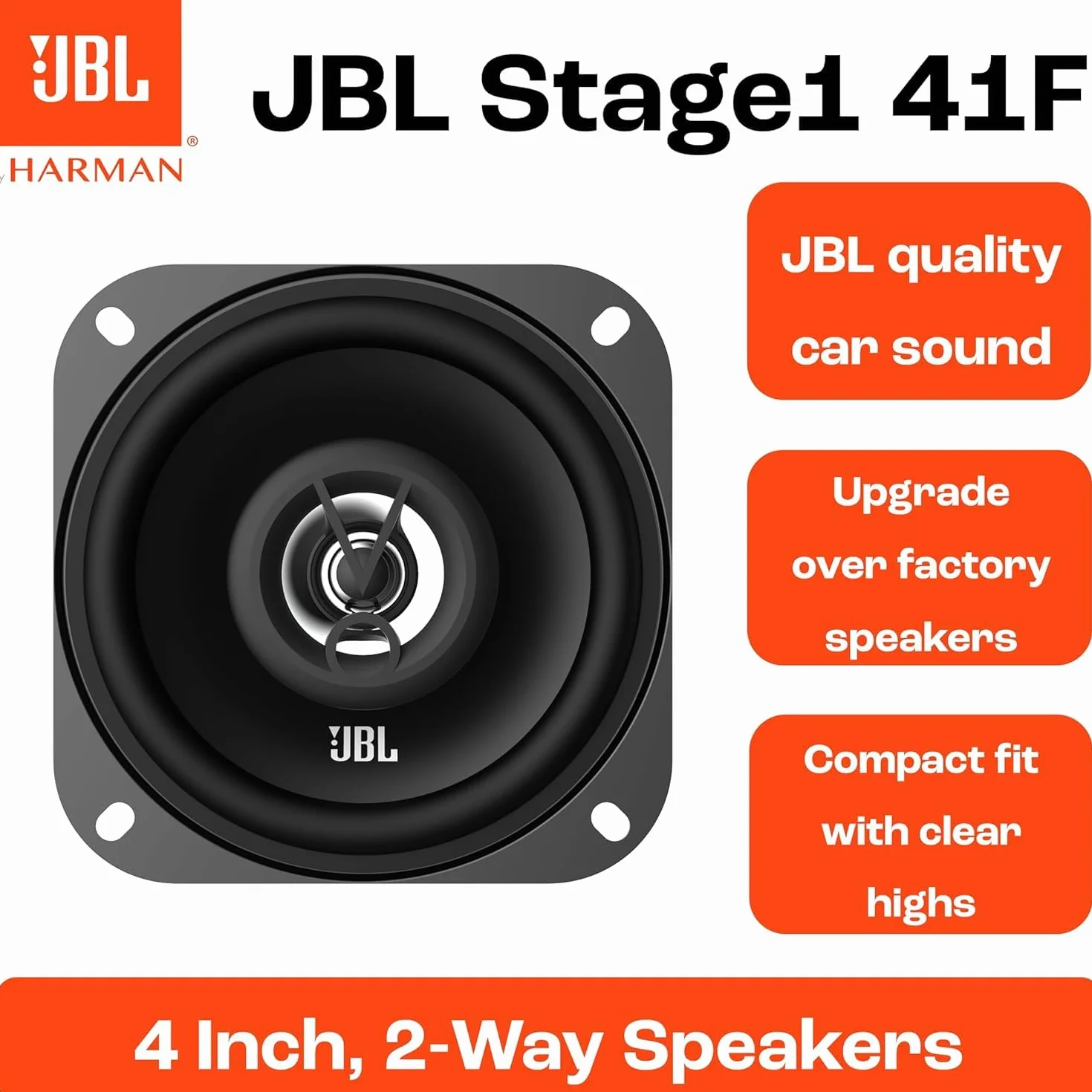 JBL Stage1 41F Juego de Altavoces Coche de 2 vías de Harman Kardon - Echo Auto de 125 Vatios 25 Vatios RMS - Caja JBL de Alta fidelidad para automóvil de 2 Piezas Grande 10cm | 100mm | 4 Pulgadas
