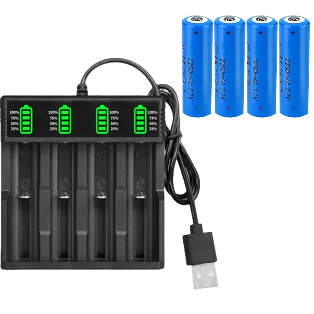4PCS Pilas Recargables 3.7V, 2200mAh | Button Top Li-Ion Recargable Batería Adecuado con Cargador de 4 Ranuras, para Linterna Frontal, Dispositivos Electrónico