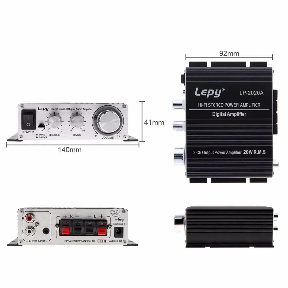 LP-2020A Class-D - Amplificador digital estéreo de alta fidelidad con fuente de alimentación de 3 A para amplificador de motor automático de coche, color negro