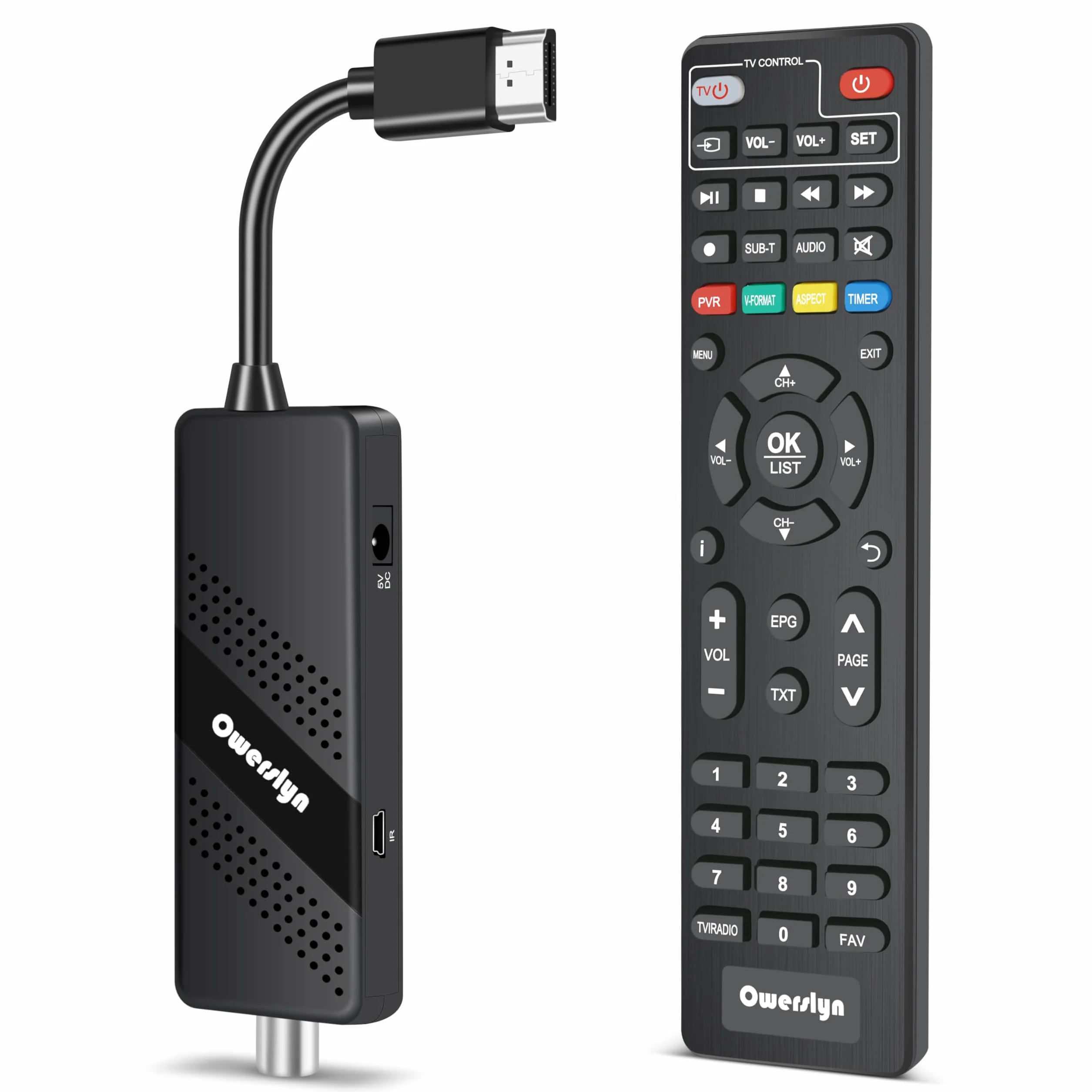 Decodificador TDT HD 2026 OWERSLYN, Receptor DVB-T2 TDT para TV Antigua, HDMI CEC, 1080P H.265 HEVC 10-bit, con Salida HDMI/AV, USB Mediaplayer, función PVR y Mando a Distancia IR 2 en 1