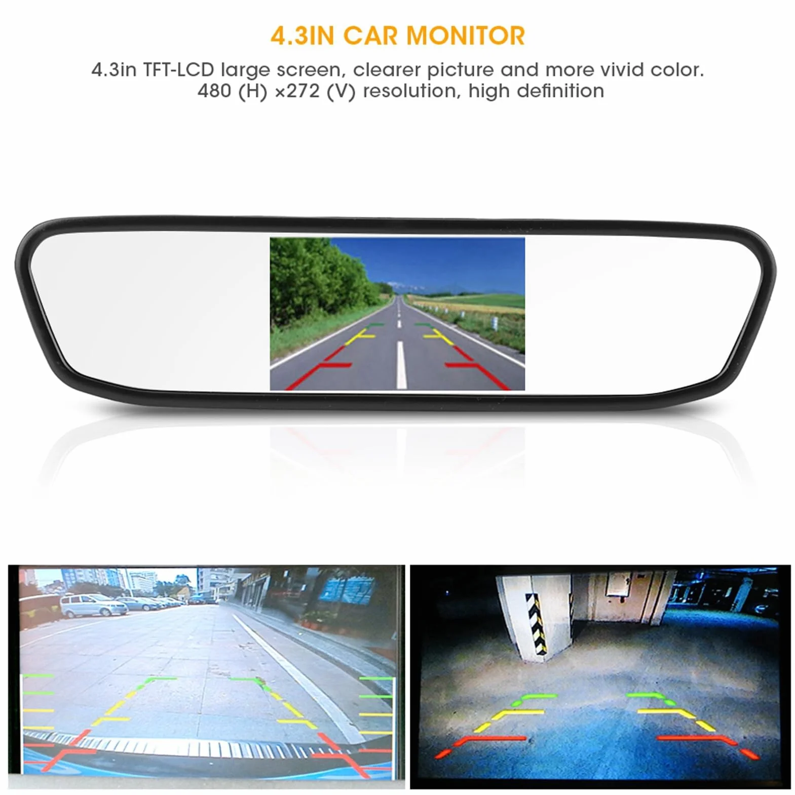 Monitor de Espejo retrovisor HD para automóvil, 4.3in Monitor de Espejo retrovisor HD para automóvil 8LED Cámara de Marcha atrás de visión Nocturna a Prueba de Agua Monitor de automóvil