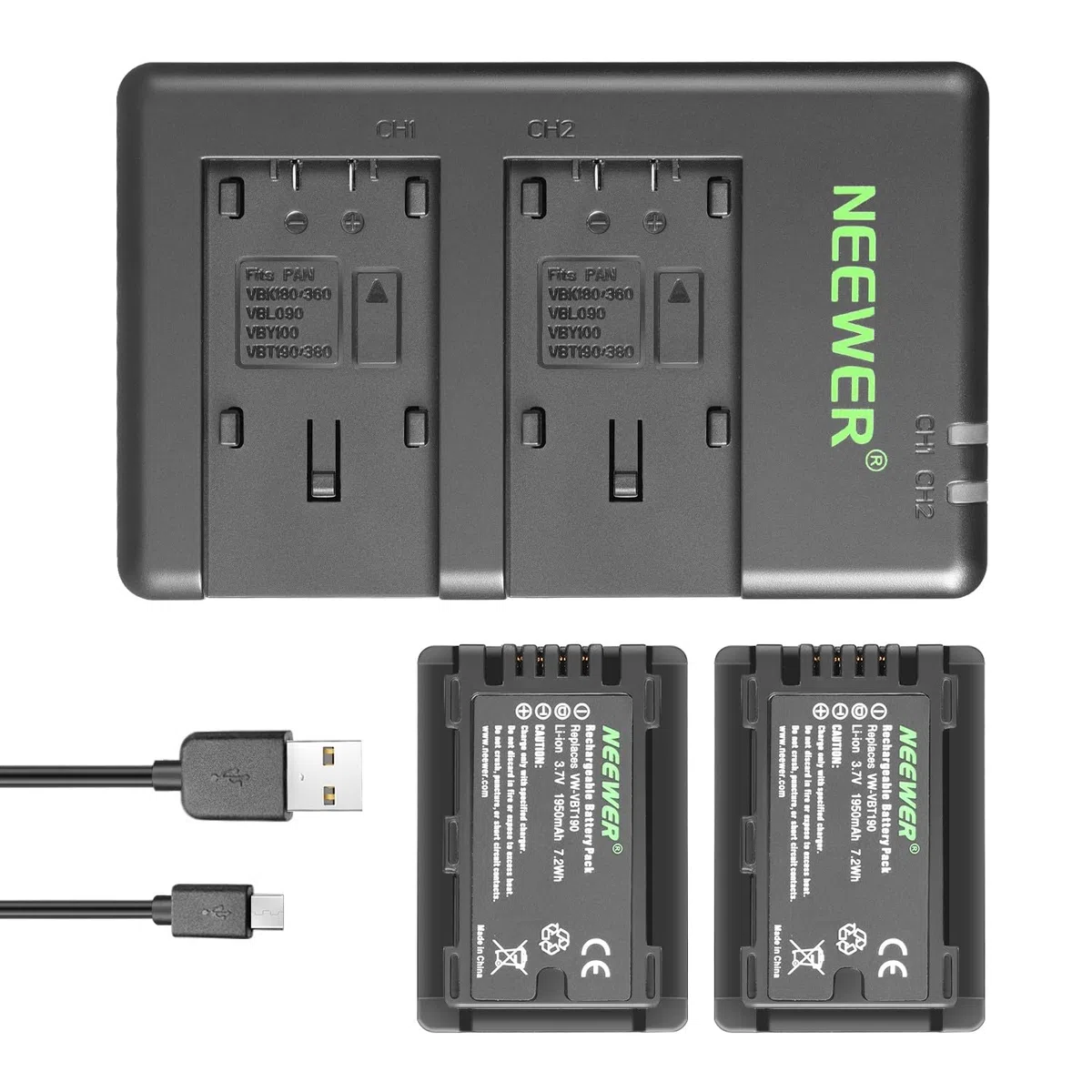 Neewer VW-VBT190 Batería y Kit de Cargador USB Dual Compatible con Panasonic HC-V110 V130 V160 V180 HC-V201 V210 V250 HC-V380 HC-V510 V520 V550 HC-V710 V720 V750 V770 HC-VX870
