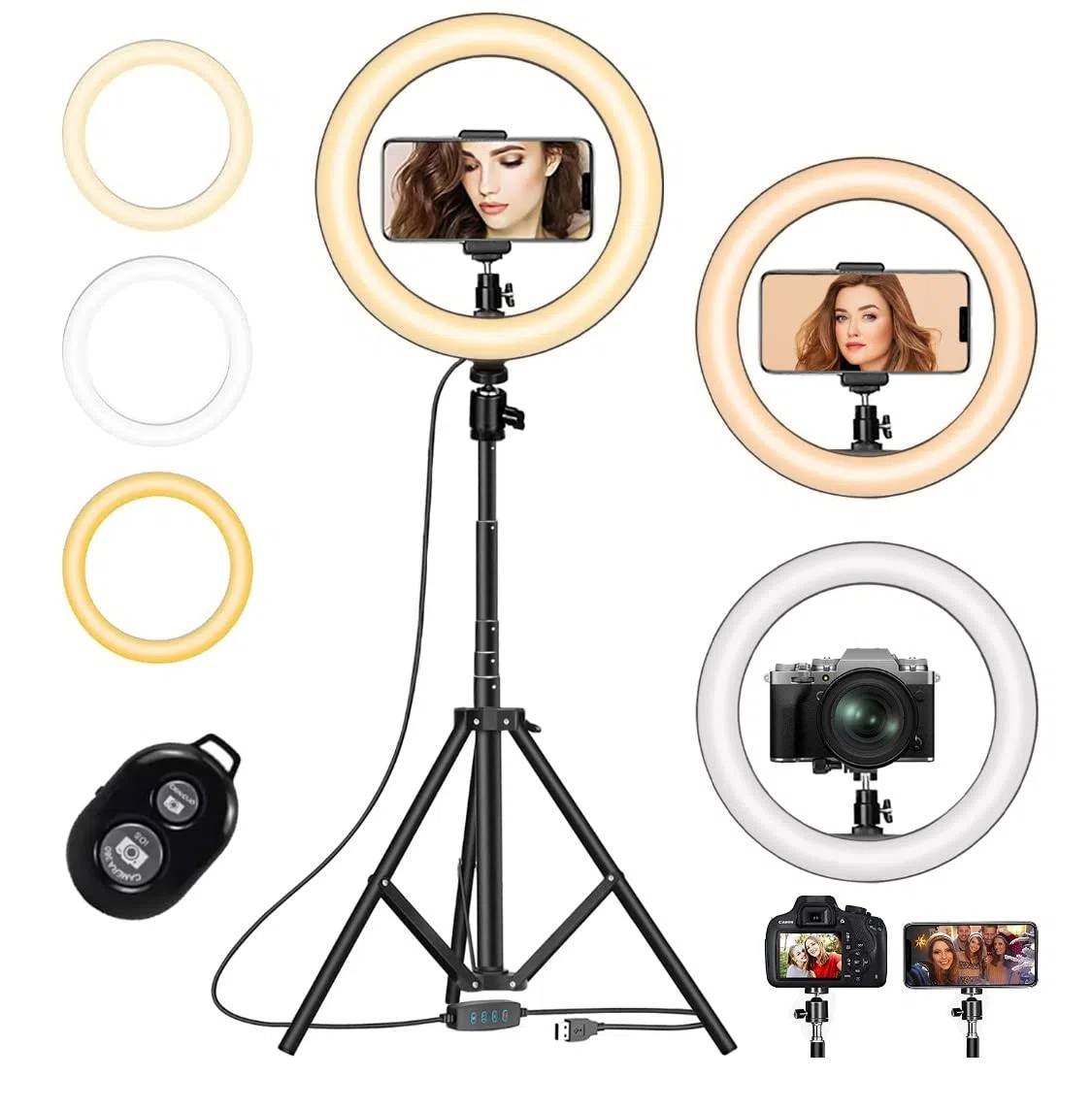 Anillo de luz con trípode y Soporte para teléfono, luz Circular LED Regulable de 10.2 Pulgadas con 3 Modos y 10 de Brillo, Control Remoto Bluetooth para Selfie, Maquillaje, Youtube, Video