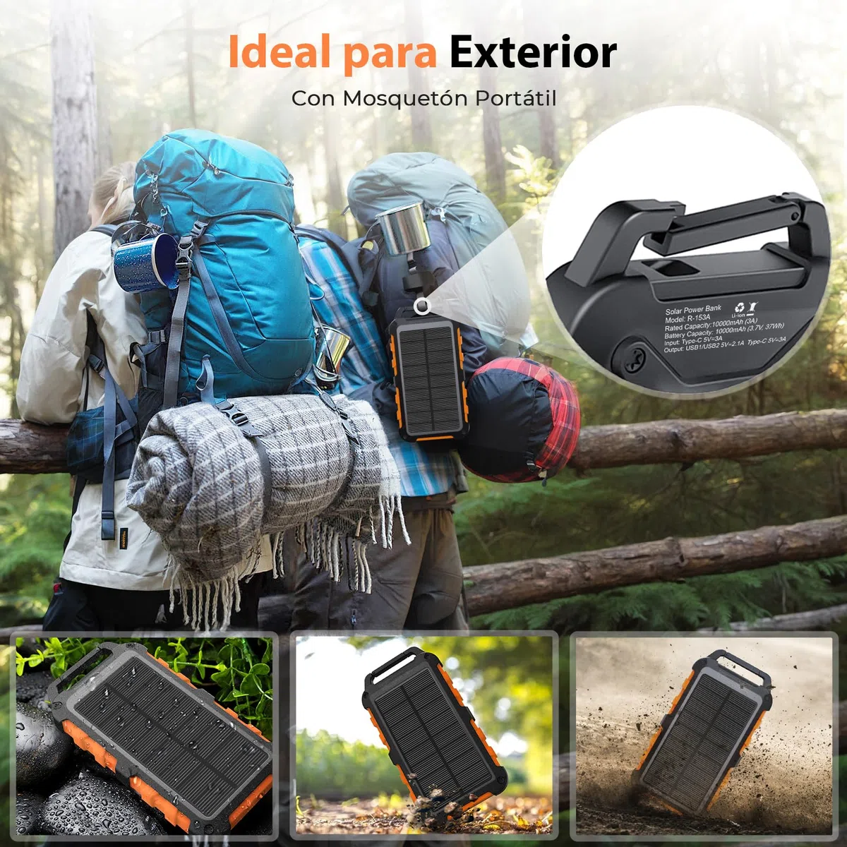 Cargador Solar 10000mAh, Power Bank Solar Batería Externa Portátil PD22.5W USB C Carga Rápida Impermeable 3 Salidas y 2 Entradas con Linterna LED para Moviles Tabletas Etc.