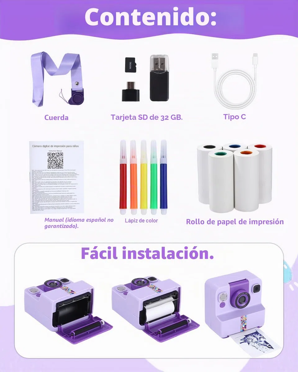 Cámara instantánea para niños, 1080P HD, cámara instantánea con impresión instantánea, tarjeta SD de 32 GB y 5 rollos de papel fotográfico, regalo para niñas y niños a partir de 3 – 12 años