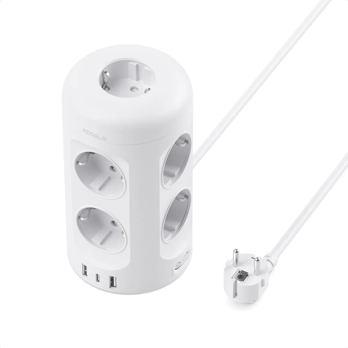 Regleta Enchufes con USB C, 12 en 1 Enchufe Multiple (9 AC y 3 USB), 3680W/16A, Regleta Enchufes Proteccion Sobretension, 2M Torre Enchufes Vertical con Interruptor para Mesa, Oficia, Casa, Blanco