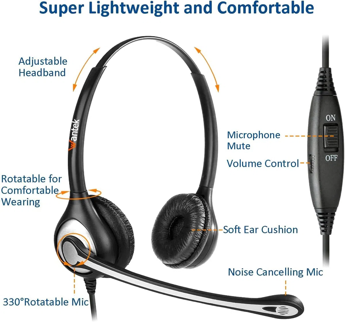 Wantek - Auriculares de teléfono RJ9 compatibles con Yealink T19P, T21P, T23G, T41S, T42S, T46S, Avaya 1608, 9608, 9611G, Grandstream GXP1620, 1630, Snom, Panasonic